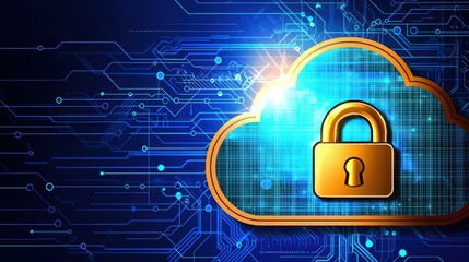 Poster - Secure cloud technology with a padlock symbol representing data protection and cybersecurity in a digital environment.