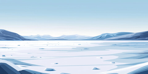 Wall Mural - Large frozen lake with a thick ice layer and scattered snowdrifts, bordered by distant hills, flat illustration