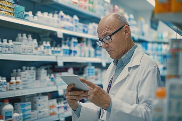Poster - A person wearing a white lab coat looks at a tablet, likely examining data or researching information