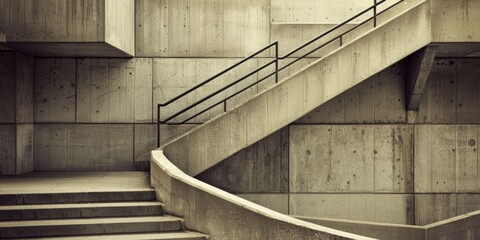 Poster - A monochromatic photograph showcasing the geometric details and symmetry of an outdoor concrete staircase enhanced by sleek metal handrails guiding the viewer s gaze in a graceful descent