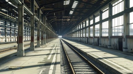 Poster - A train station with a train waiting at the platform