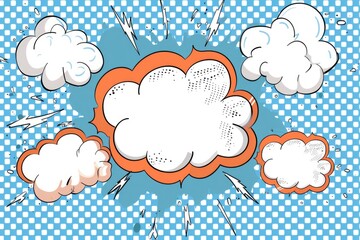 Poster - A colorful pop art style speech bubble surrounded by clouds and lightning, great for illustrations, comics or creative projects