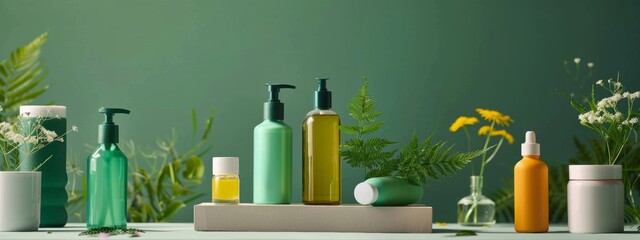 Wall Mural - Green Skincare Product Display with Natural Elements