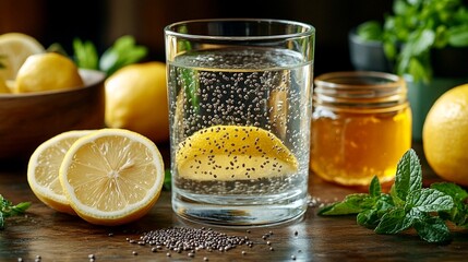 Glass of lemon water with chia seeds surrounded by fresh lemons, honey jar, and mint leaves on a wooden table. Concept of health and refreshment