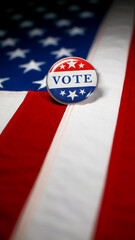 vote button pin, in red white and blue of the united states america on american flag. to encourage v