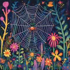 cartoon spider on web in colorful garden