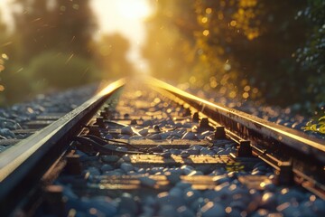 Sticker - Close-up view of a train track surrounded by forest, great for travel or outdoor themes