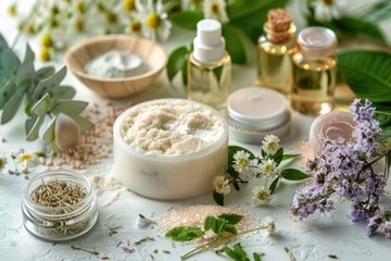 Poster - Various skin care products on a table display, ideal for use in advertising, tutorials or e-commerce