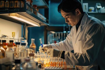 Wall Mural - A man in a lab coat working at a workbench with various equipment and chemicals