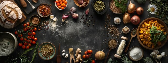 Wall Mural - Rustic Culinary Ingredients on a Dark Kitchen Countertop