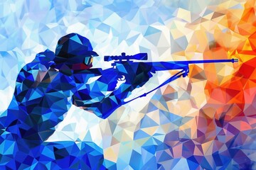 A man holding a gun on a low-poly textured background, suitable for use in video games or military-themed designs