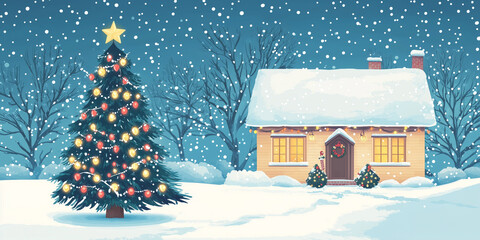 Wall Mural - Decorated Christmas tree standing near a snow-covered house with holiday lights on the roof, flat illustration