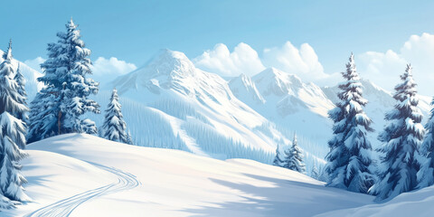 Wall Mural - Snow-covered mountain slope with visible ski tracks and snow-covered trees under a clear sky, flat illustration