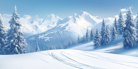 Wall Mural - Snow-covered mountain slope with visible ski tracks and snow-covered trees under a clear sky, flat illustration