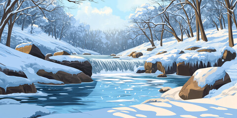 Wall Mural - Snow-covered riverbank with icy water flowing between snow-covered rocks and trees, flat illustration