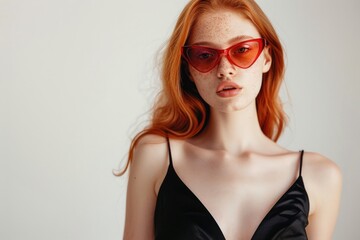 Poster - A woman wearing a black dress and red sunglasses, potentially for a night out or an evening event