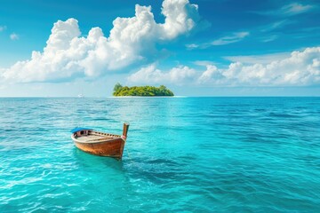 Wall Mural - A small boat floats in the middle of the open ocean, with no land in sight