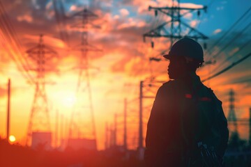 Poster - A person standing by electric transmission towers during golden hour