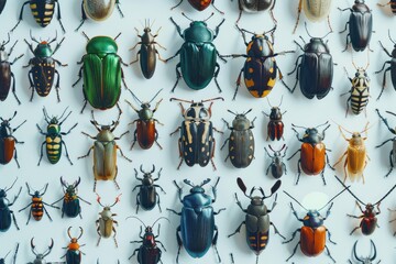 A collection of variously colored bugs crawling on a surface