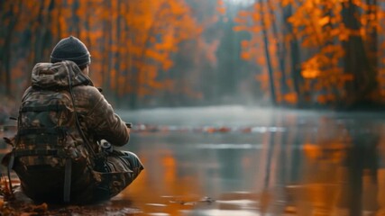 Poster - This lone figure sits by a river in a foggy autumn forest. Hunting season