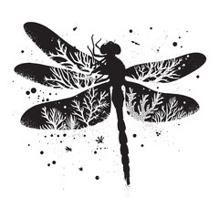 silhouette of Dragonfly flying, filled with underwater view with coral in rough drawing, animal,