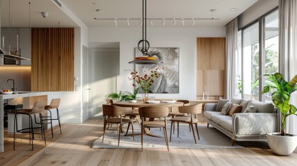 Poster - Living room with various furniture pieces and a dining table, perfect for home decor and lifestyle photography