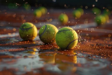Poster - A collection of tennis balls resting on the surface of a tennis court, ready for play