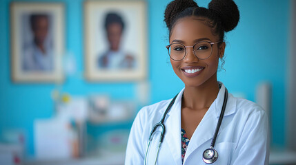 A young female doctor stands confidently in a bright clinic, smiling warmly while wearing her lab coat and stethoscope