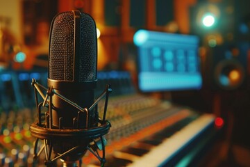 Poster - A musician sits at a desk with a microphone and keyboard