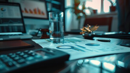 Poster - A desk with a laptop, calculator, and a glass of water for office use