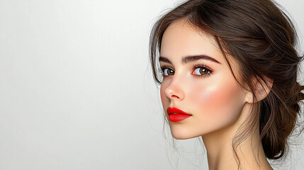 A young woman showcases her beauty with glowing skin and striking red lips, captured in a side profile against a simple backdrop