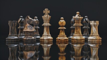 Poster - A group of chess pieces arranged on a table, ready for play or display