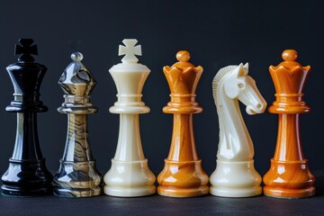 Poster - A group of chess pieces arranged on a table, ideal for illustrating strategy or intellectual pursuits