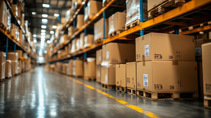 Rows of cardboard boxes sit on pallets in a well-organized warehouse with bright overhead lighting