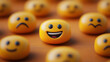 © imagineRbc - A cheerful smiley stone is surrounded by neutral and sad stones on a wooden table, highlighting emotions and expressions in a vibrant display