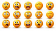 © imagineRbc - Sixteen vibrant emoticons display a range of emotions from joy to sadness, showcasing their distinct facial expressions and characteristics