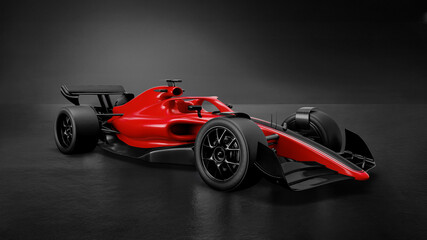 Race car and driver angled view isolated on Dark background. 3D Rendering