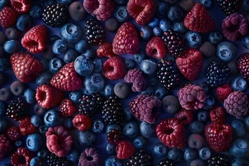 Poster - A colorful mix of raspberries, blueberries, and blackberries piled high