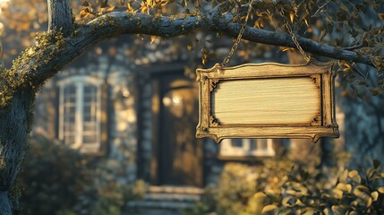 A light wooden nameplate hanging from a tree branch in front of a house, with the background and details created using AI-generated imagery