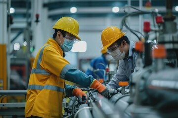 Poster - Two people tinkering with industrial equipment