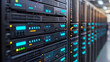 © imagineRbc - Rows of data servers are illuminated with blue and orange lights in a bustling data center environment, highlighting their importance in information technology