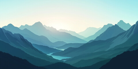 Wall Mural - Mountain range extending into distance with river cutting through valley, flat illustration