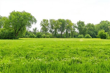 Poster - A picturesque scene featuring a lush green lawn with trees in the background, suitable for use in outdoor or nature-themed projects