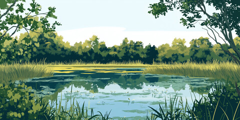 Poster - Series of small pools within a marsh, surrounded by thick vegetation, flat illustration