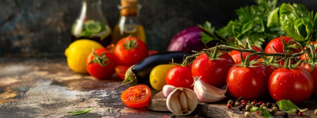 Wall Mural - Rustic arrangement of fresh vegetables with olive oil on a dark kitchen surface