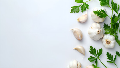 Wall Mural - Garlic with leaves of parsley isolated on white