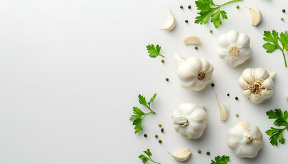 Wall Mural - Garlic with leaves of parsley isolated on white