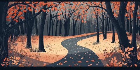 Wall Mural - Woodland path winding through trees with fallen leaves and small branches on the ground, flat illustration