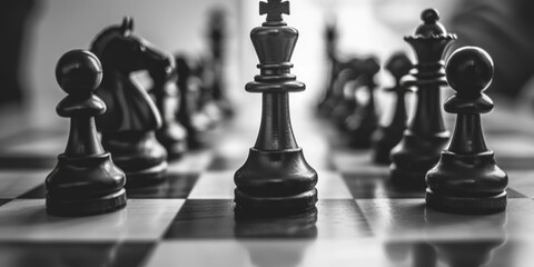 Poster - A set of black and white chess pieces arranged on a chess board