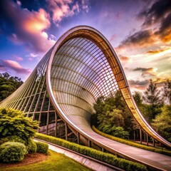 Sticker - Modern architectural structure with curved design at sunset in a natural setting. Generative AI